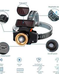 PORTABLE SOLAR RECHARGEABLE LED HEADLAMP WATERPROOF 3 LIGHT MODES with SENSOR SWITCH, ZOOM FUNCTION and SOFT HEADBAND for FITTING with SAFETY HELMET and DIRECTLY ON HEAD