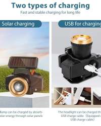 PORTABLE SOLAR RECHARGEABLE LED HEADLAMP WATERPROOF 3 LIGHT MODES with SENSOR SWITCH, ZOOM FUNCTION and SOFT HEADBAND for FITTING with SAFETY HELMET and DIRECTLY ON HEAD
