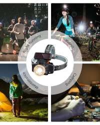 PORTABLE SOLAR RECHARGEABLE LED HEADLAMP WATERPROOF 3 LIGHT MODES with SENSOR SWITCH, ZOOM FUNCTION and SOFT HEADBAND for FITTING with SAFETY HELMET and DIRECTLY ON HEAD